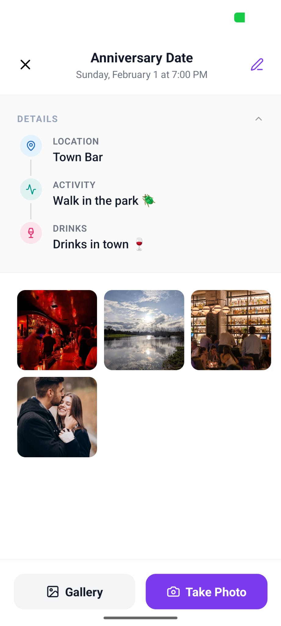 Entwine date planning screen