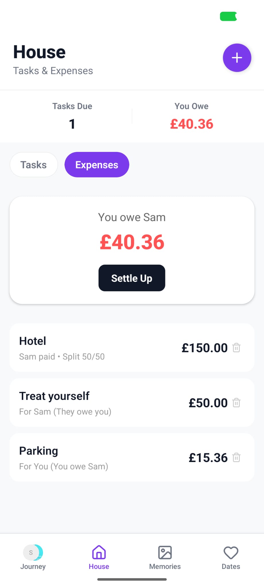 Entwine expense split screen