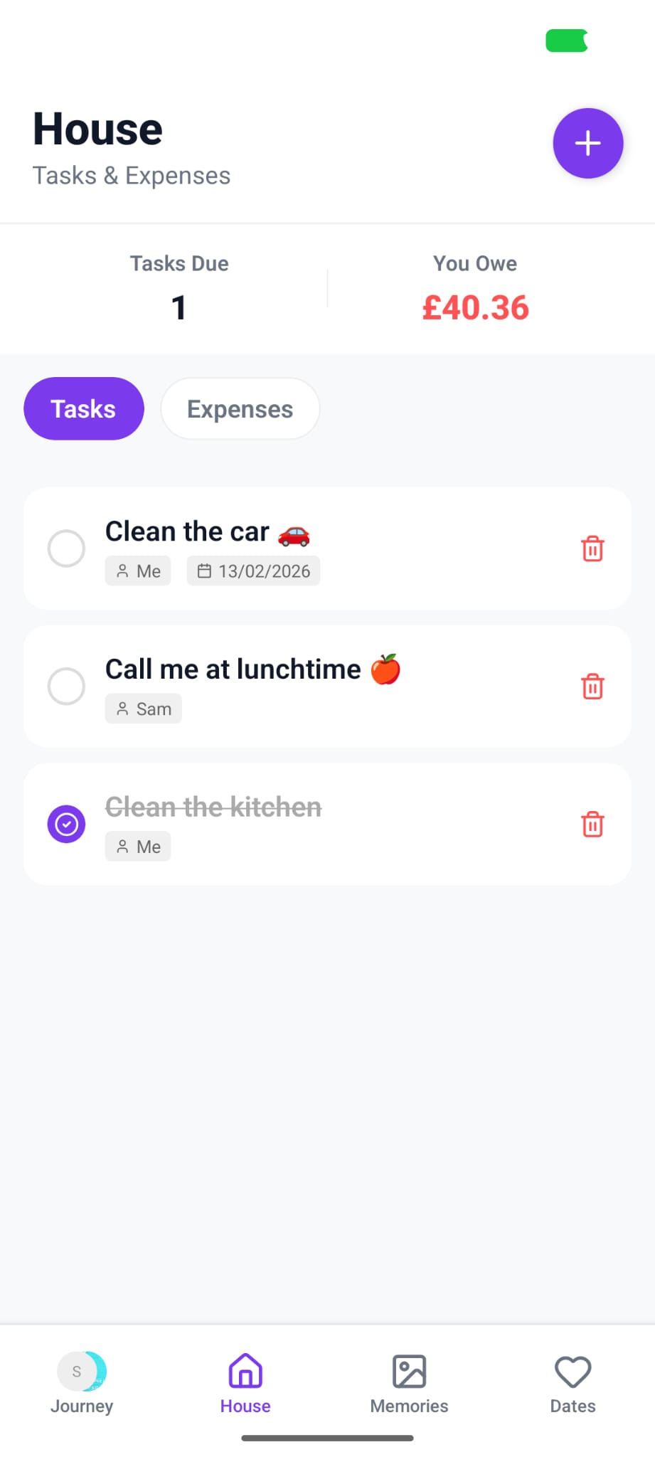 Entwine shared tasks screen